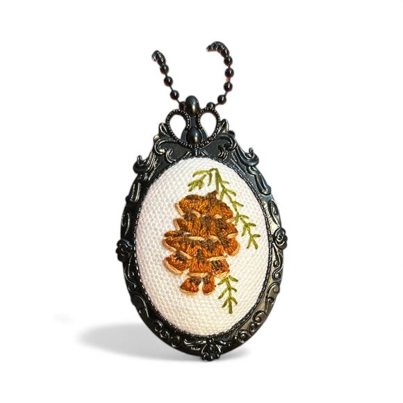 handmade Jewelry - Pine Cone Embroidered Necklace, Handmade Pendant / Broach